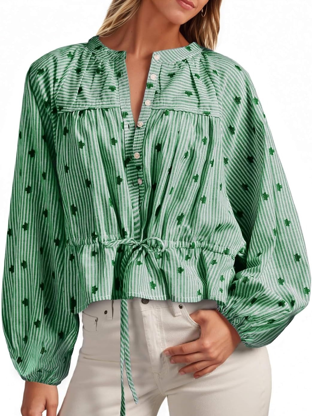 Women's Balloon Sleeve Tie-Waist Striped Top