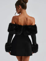 Women's Off Shoulder Fur Trim A Line Mini Dress