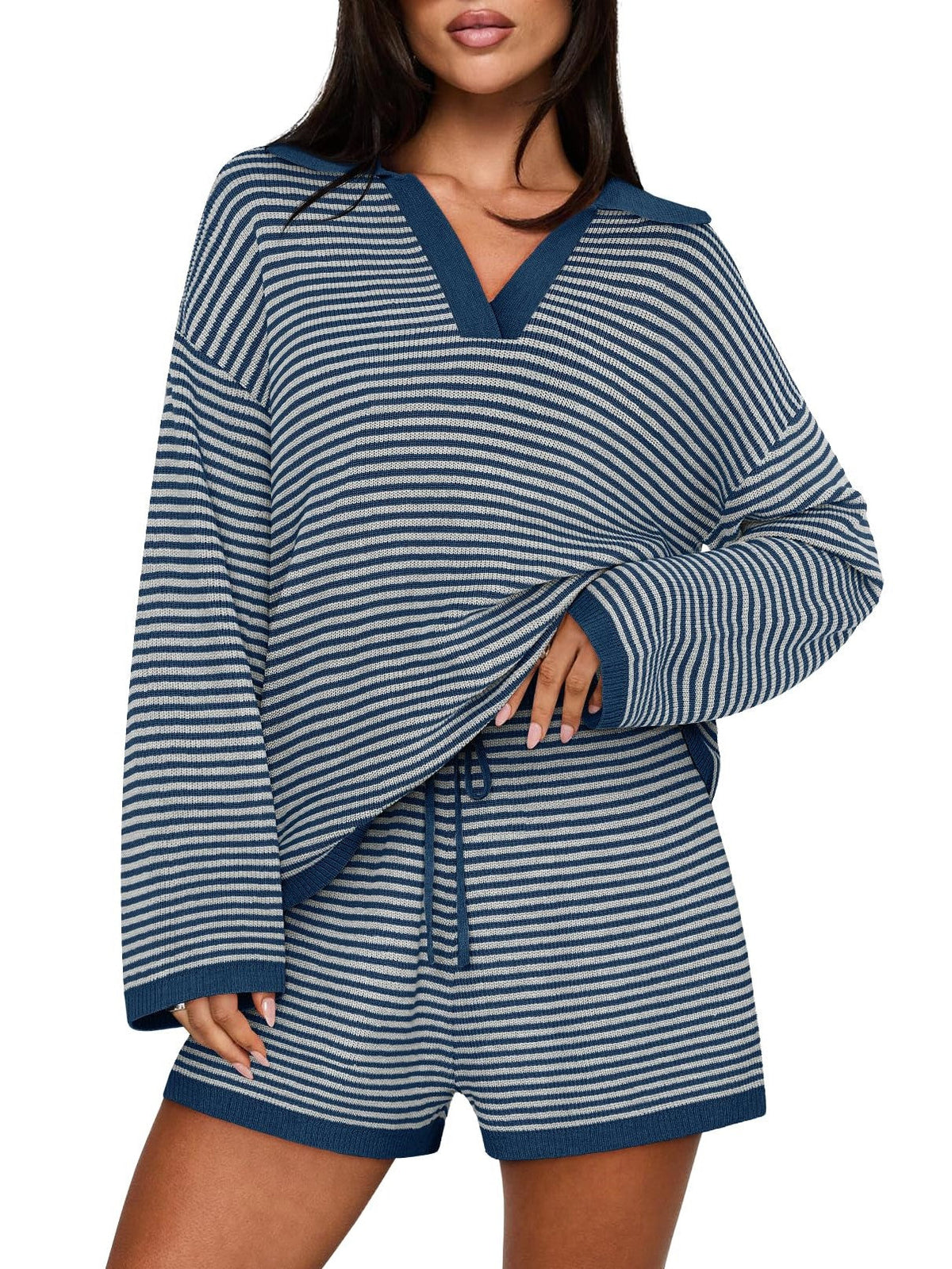 Women's Spring Striped Color-Block Lapel Two-Piece Set