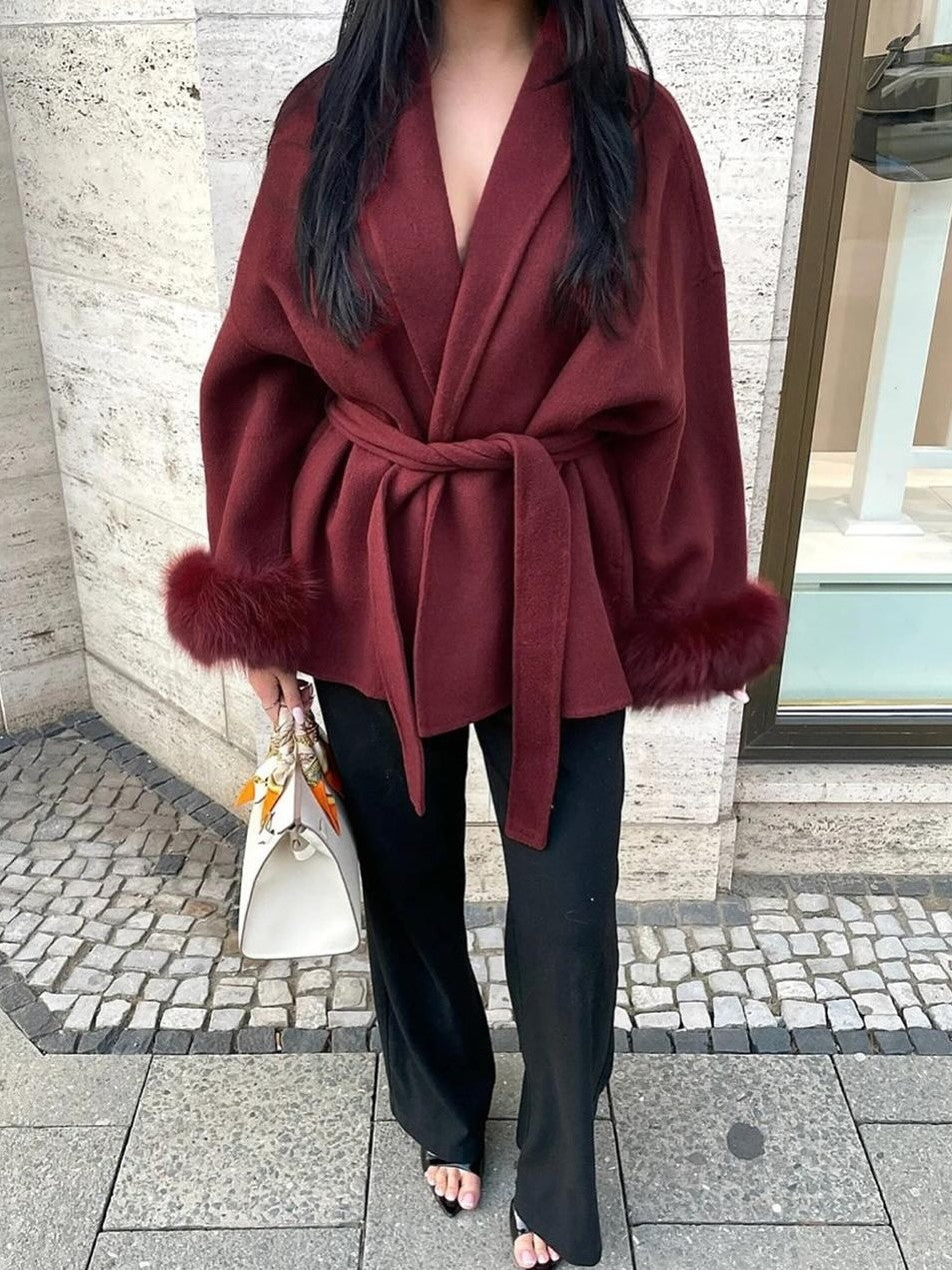 Women's Elegant Wrap Fur Trim Coat