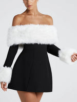 Women's Off Shoulder Fur Trim A Line Mini Dress