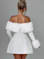 Women's Off Shoulder Fur Trim A Line Mini Dress