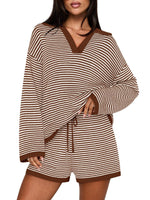 Women's Spring Striped Color-Block Lapel Two-Piece Set