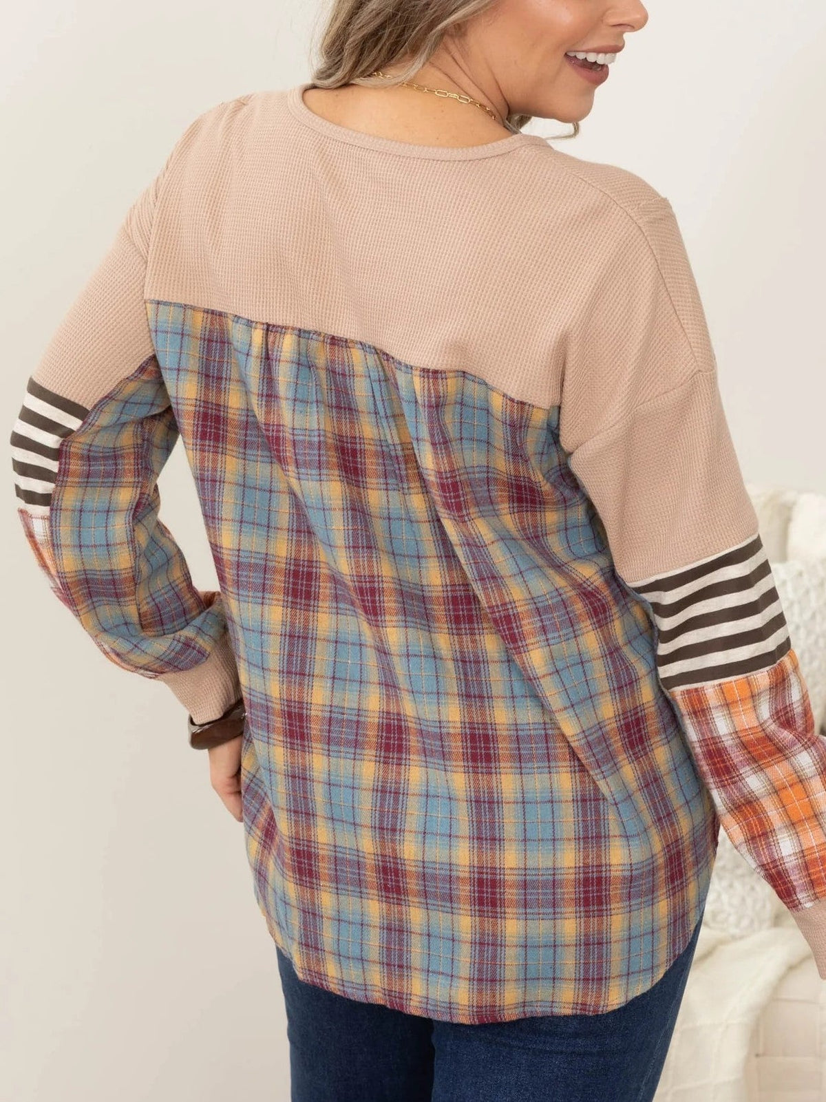 Women's Striped And Plaid Patchwork Top