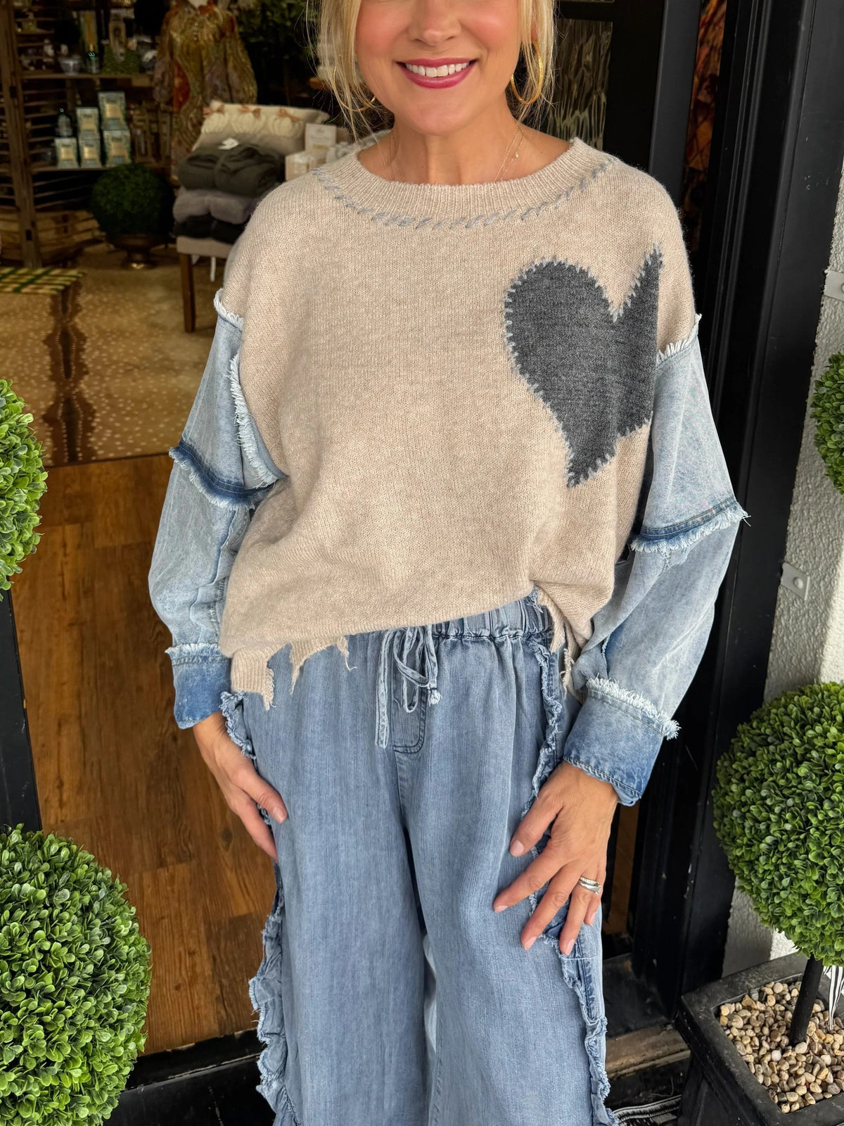 Women's Retro Distressed Heart Denim-Paneled Slouchy Sweater