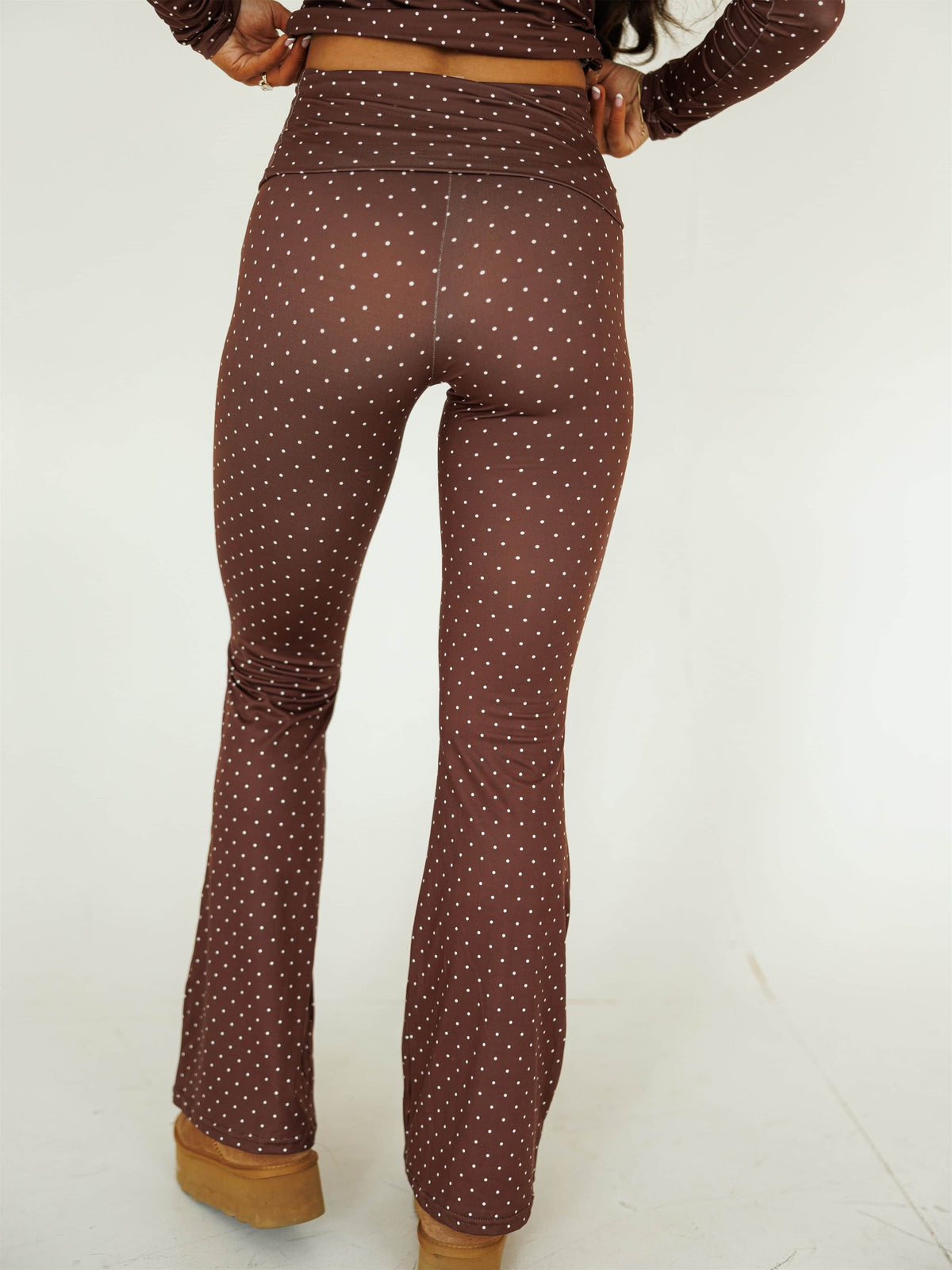 Women Fitted Polka Dot Long-Sleeve Top & Flared Pants Set