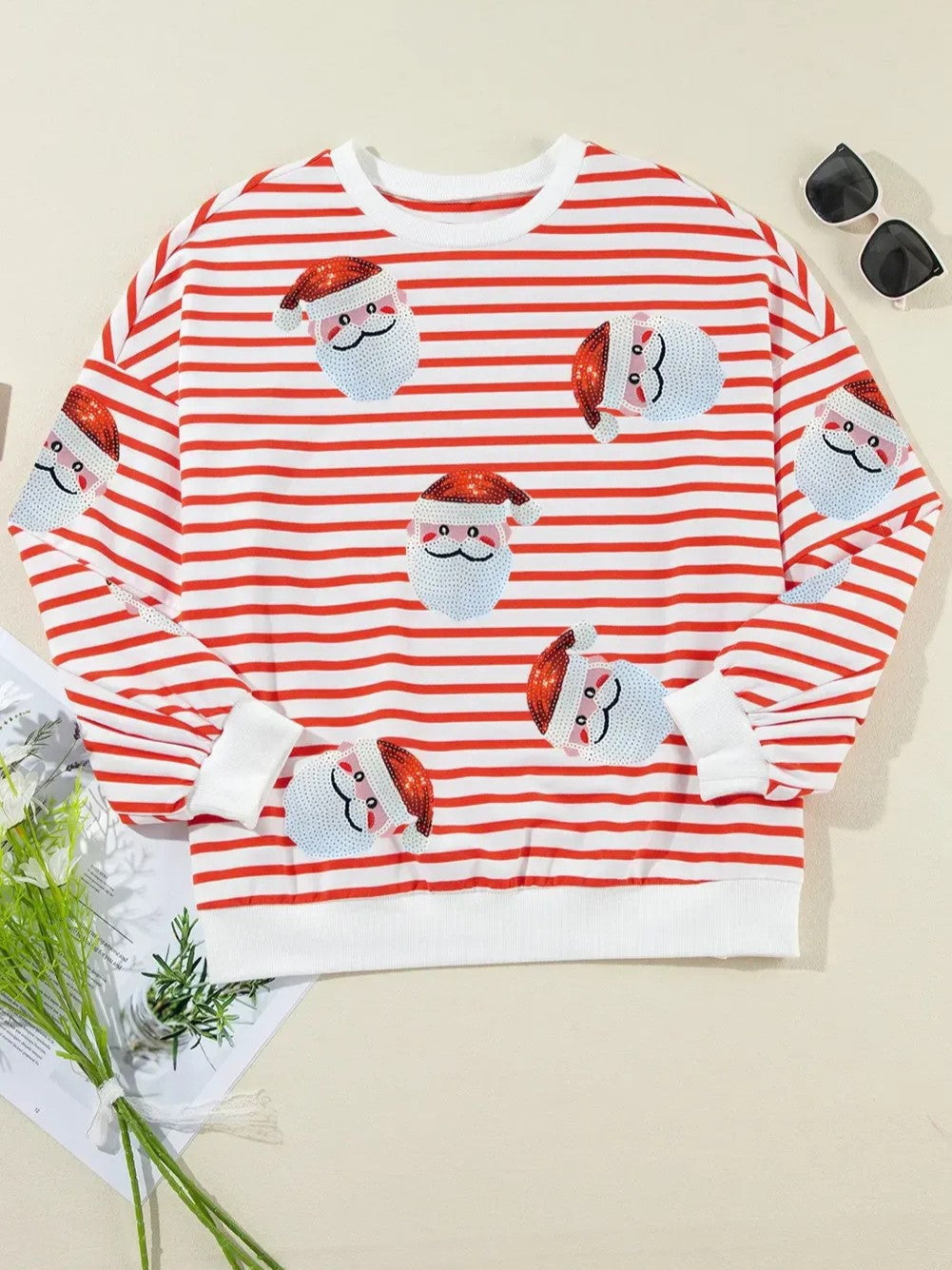 Women's Striped Santa Sequin Sweatshirt