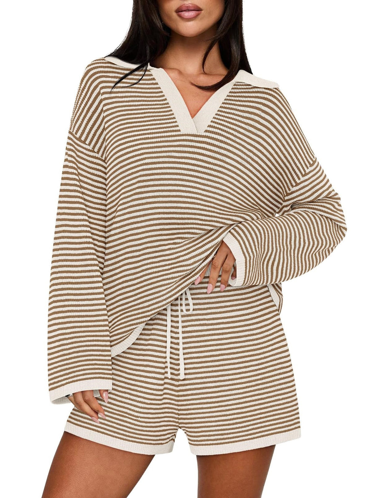 Women's Spring Striped Color-Block Lapel Two-Piece Set