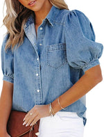 Women's Casual Puff Sleeve Denim Button-Down Shirt