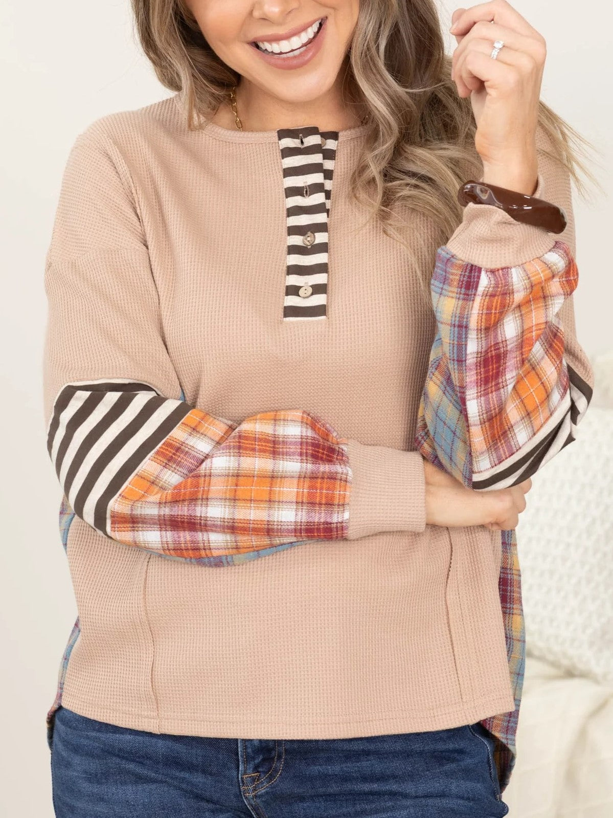 Women's Striped And Plaid Patchwork Top
