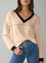 Women's Loose V-Neck Long Sleeve Colorblock T-shirt