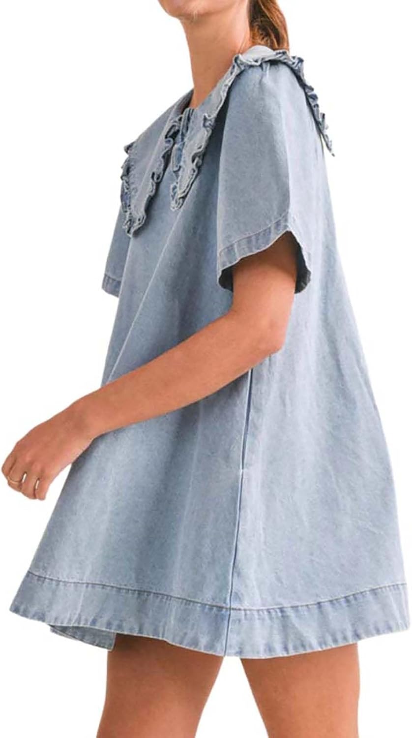 Women's Casual Ruffle Lapel Babydoll Denim Dress