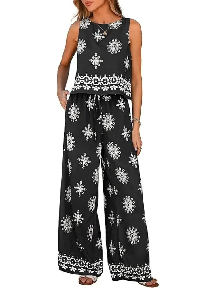 Women's Boho Sleeveless Top and Long Pants Two-Piece Set