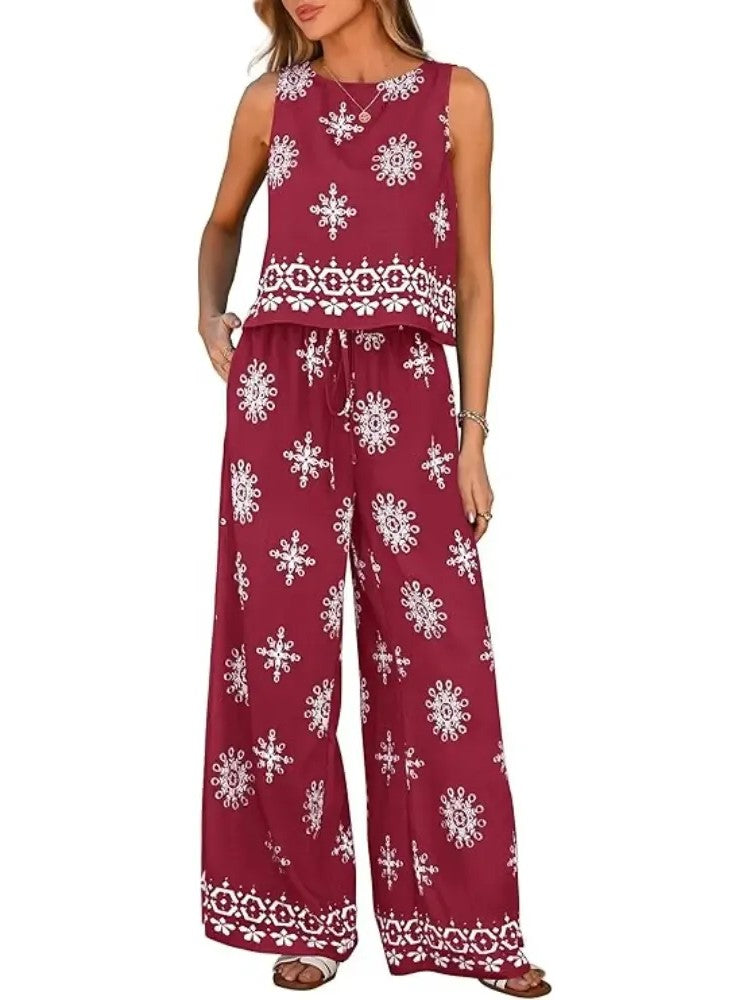 Women's Boho Sleeveless Top and Long Pants Two-Piece Set