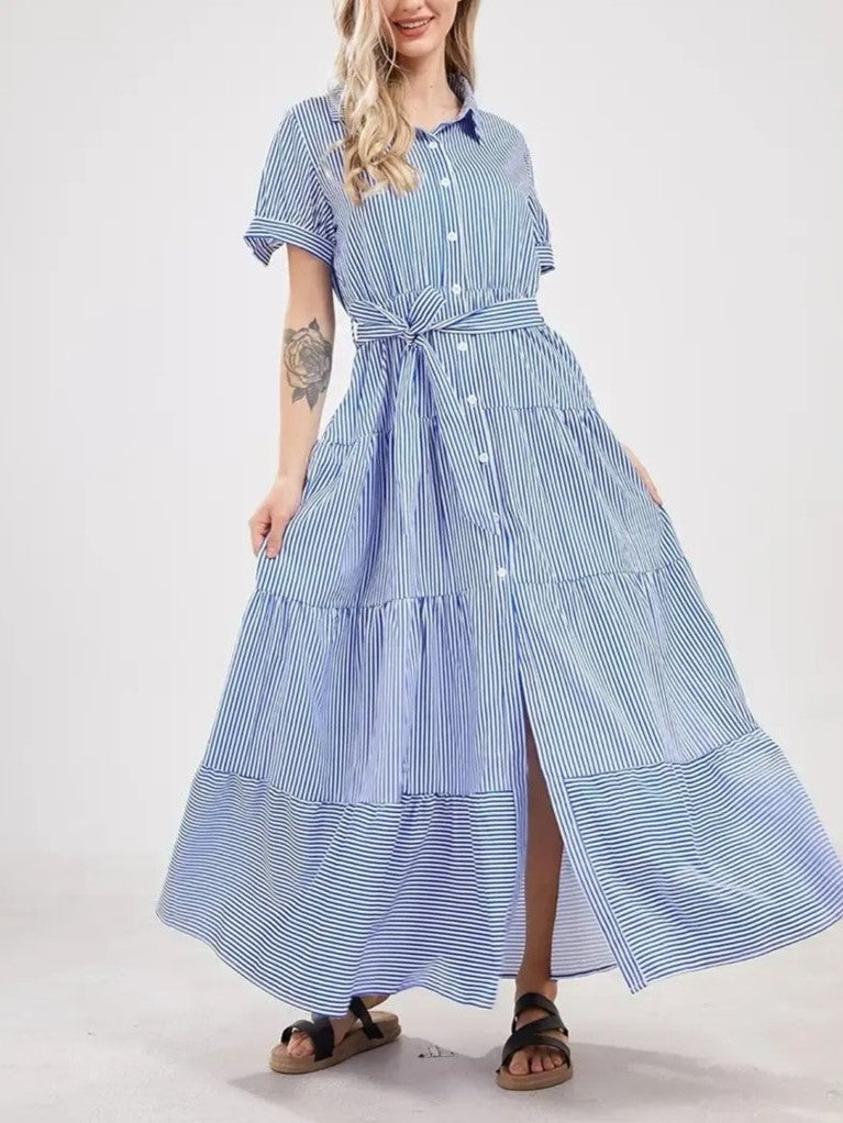 Women's Short Sleeve Striped Tie Waist Maxi Dress