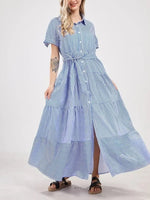 Women's Short Sleeve Striped Tie Waist Maxi Dress
