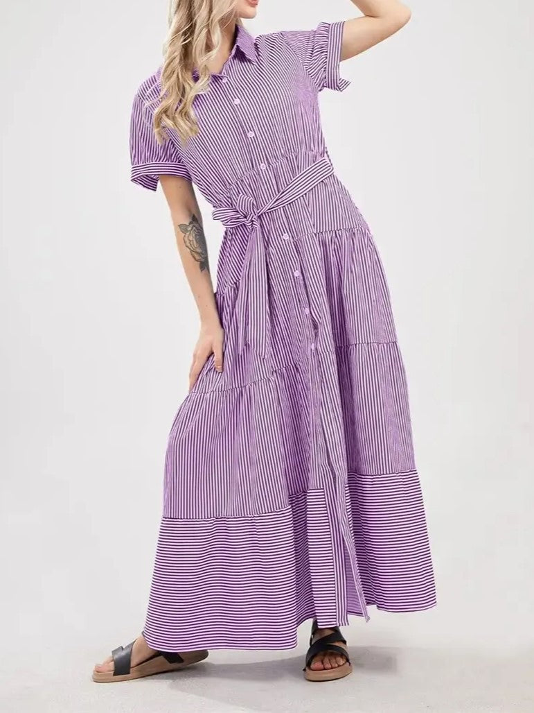 Women's Short Sleeve Striped Tie Waist Maxi Dress