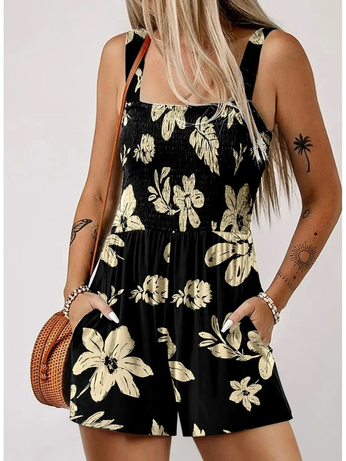Women's Sleeveless Loose Floral Print Romper with Pockets