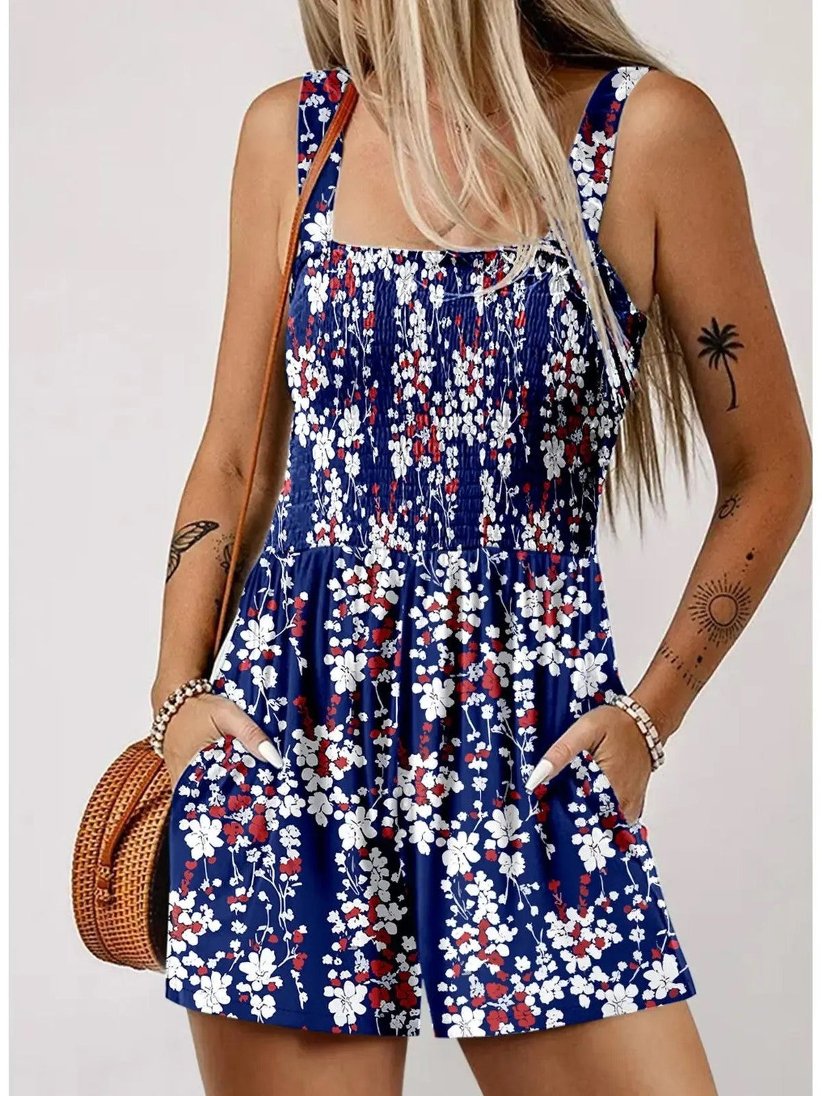 Women's Sleeveless Loose Floral Print Romper with Pockets