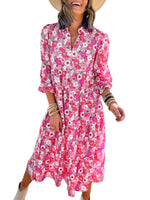 Women's Casual Bohemian Floral V-Neck Long Puff Sleeve Midi Dress