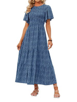 Women's 2026 Summer Casual Floral Print Short Flutter Sleeve Flowy Maxi Dress