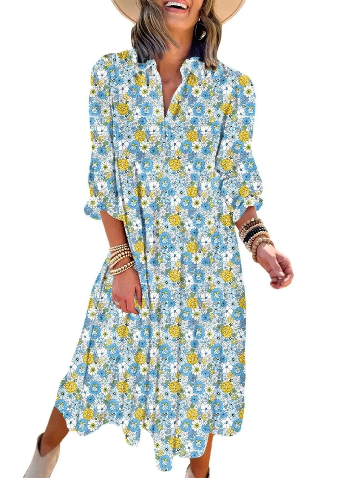 Women's Casual Bohemian Floral V-Neck Long Puff Sleeve Midi Dress