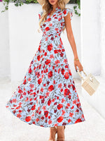 Women's Boho Print V Neck Ruffle Maxi Dress