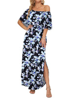 Women's Off-Shoulder Ruffled Side-Slit Maxi Dress with Pockets