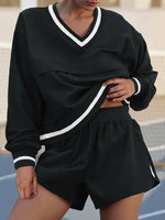Workout V Neck Sweatshirt High Waist Shorts Sets 2 Piece Outfits