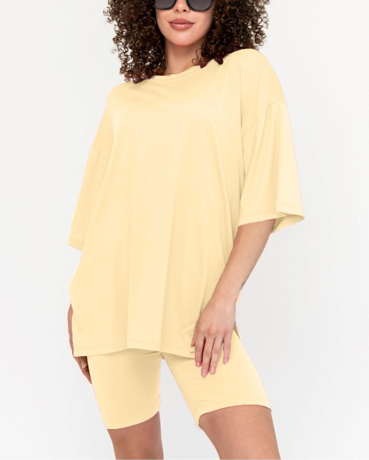 Women's Oversized Solid Biker Short Set