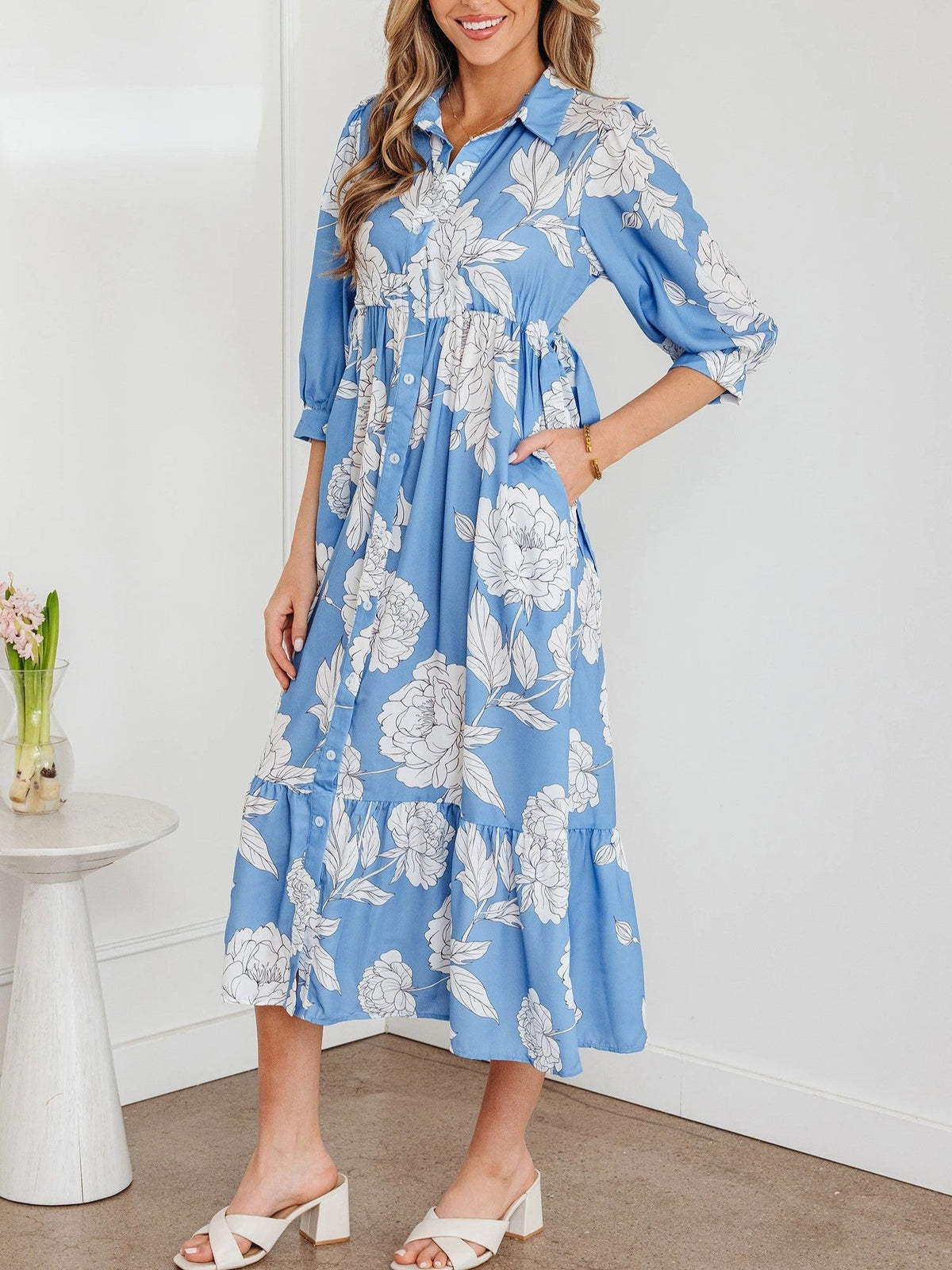 Women's Floral Print 3/4 Sleeve Ruffle Hem midi Dress
