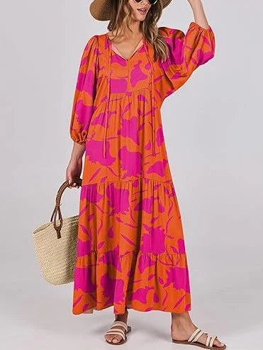 Women's Puff Sleeve Smocked Ruffle Boho Maxi Dress