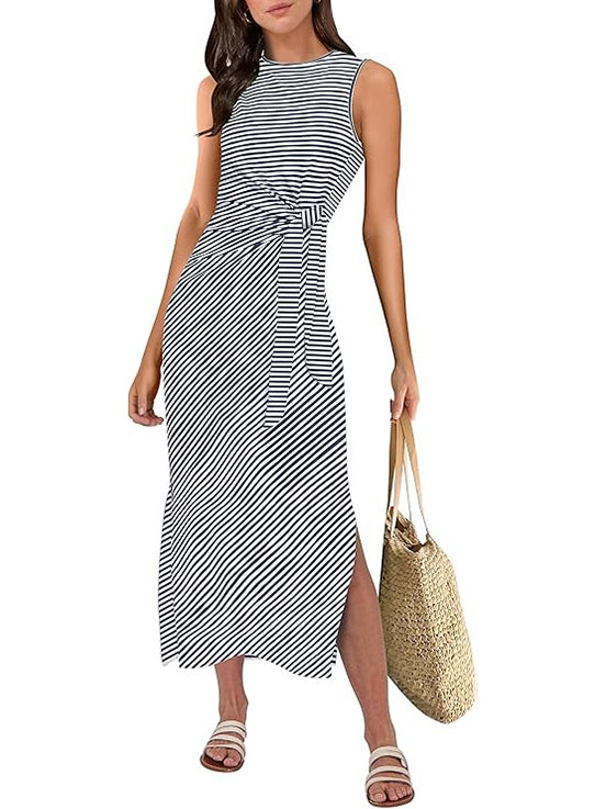 Women's Casual Striped Side Slit Tie-Waist Dress