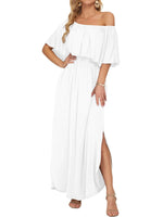 Women's Off-Shoulder Ruffled Side-Slit Maxi Dress with Pockets