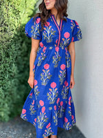 Women's Summer Floral V-Neck Ruffle Hem Midi Dress