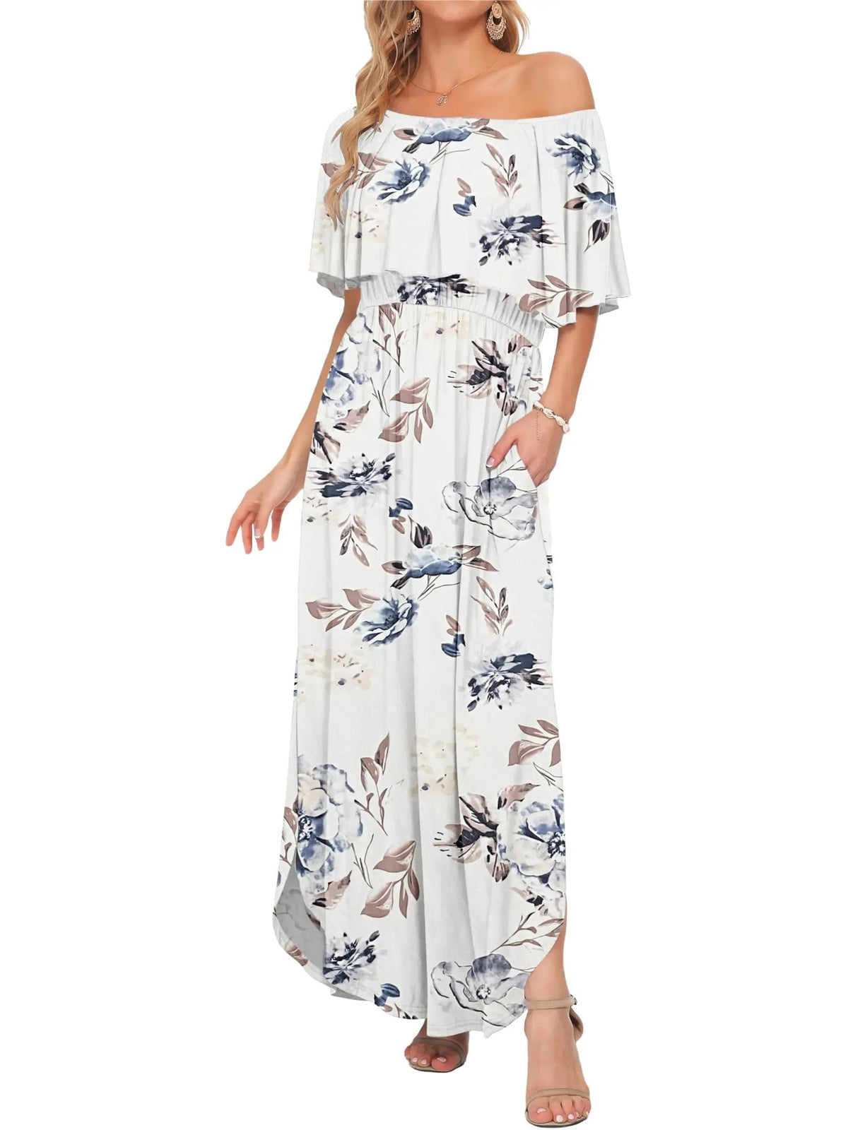 Women's Off-Shoulder Ruffled Side-Slit Maxi Dress with Pockets