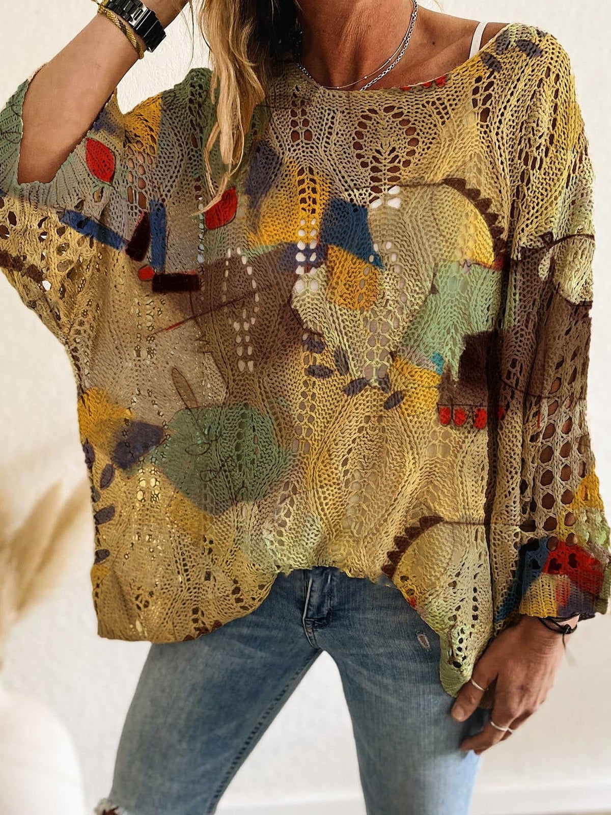 Women's Batwing Sleeve Print Hollow-Out Knit Top