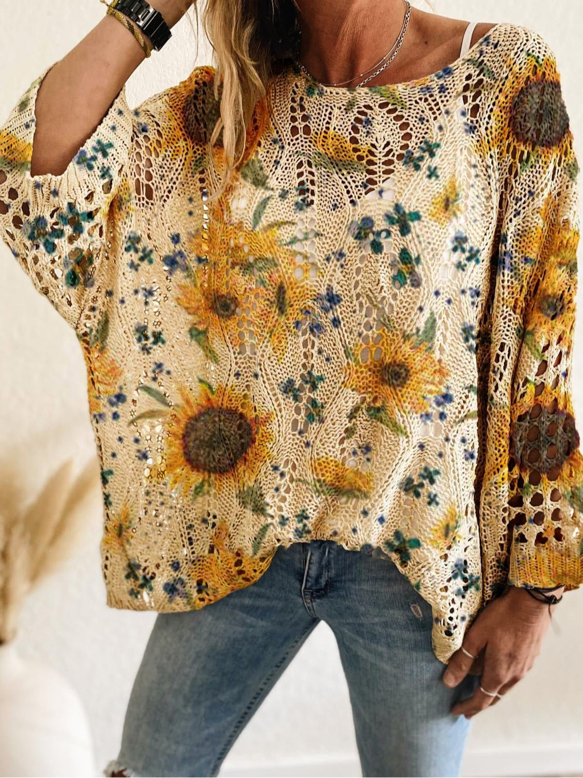 Women's Batwing Sleeve Print Hollow-Out Knit Top