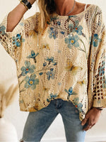 Women's Batwing Sleeve Print Hollow-Out Knit Top
