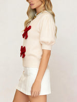 Women's Bow V-Neck Puff Sleeve Knit Top