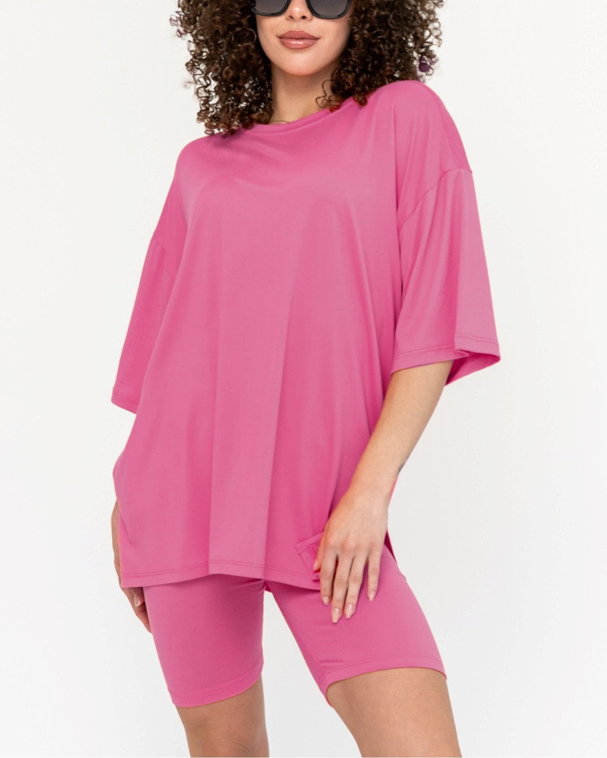 Women's Oversized Solid Biker Short Set