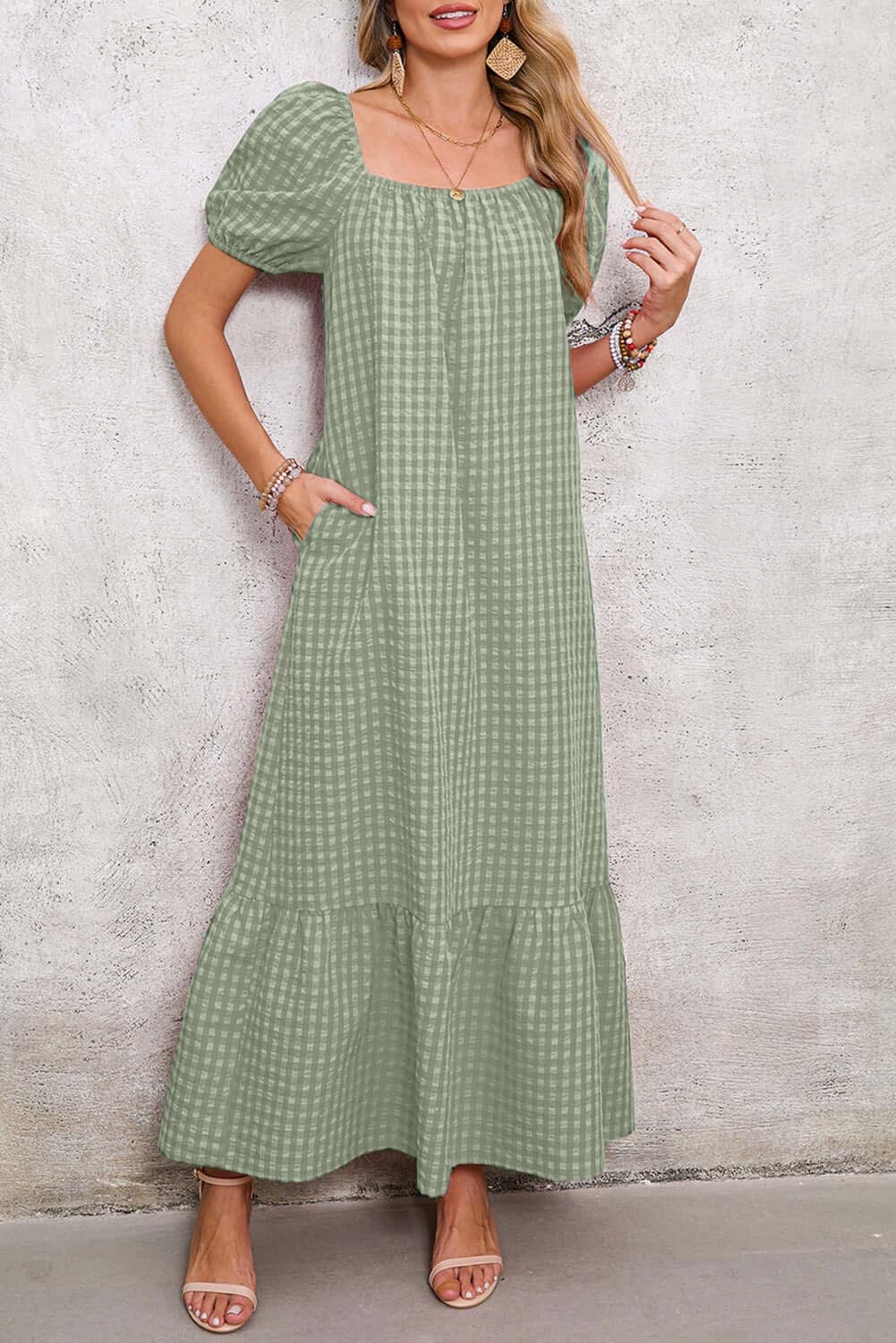 Women's Square Neck Puff Sleeve Plaid Maxi Dress