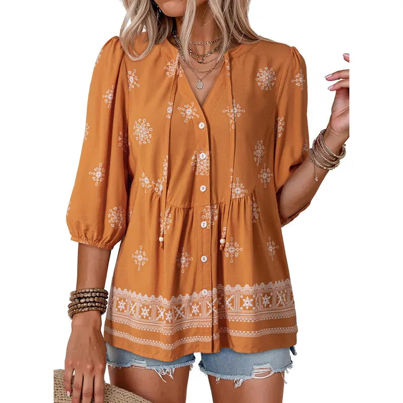Womens Summer Tops Boho Floral Short Sleeve Button Down V Neck Peplum Babydoll Casual Loose Blouses Shirts
