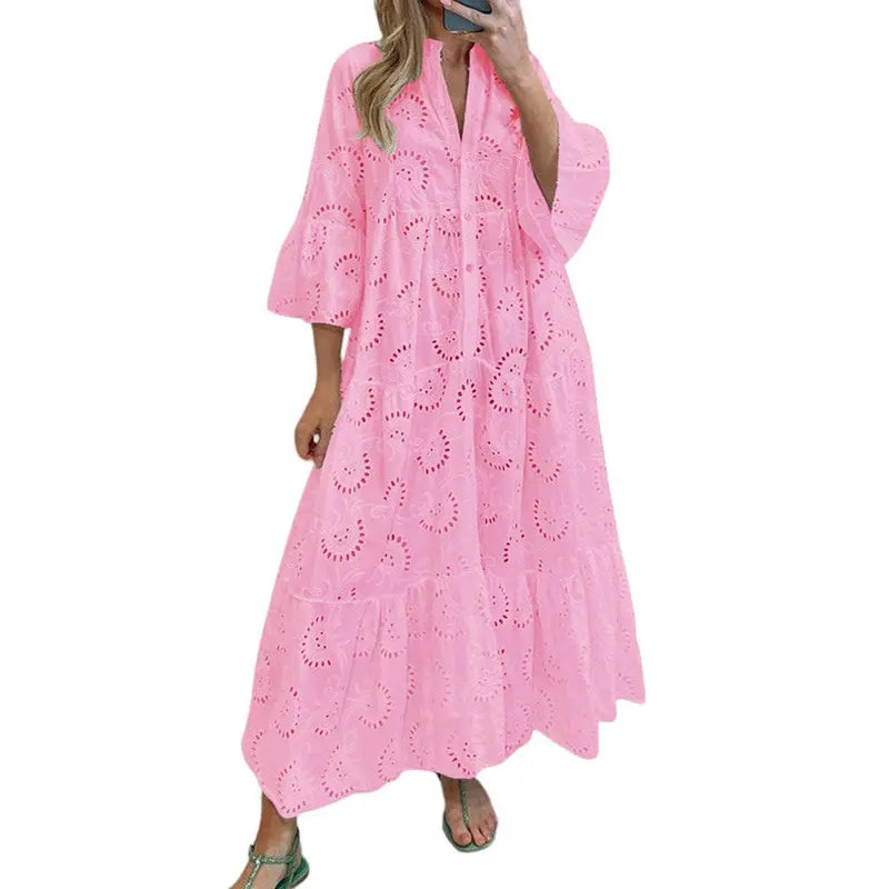 Women's 2026 LaceMaxi Dress V-Neck Trumpet Sleeve Boho Flowy Swing Dress