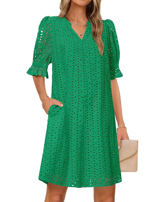 Flounce Sleeve Eyelet Tunic Solid Dress for Women