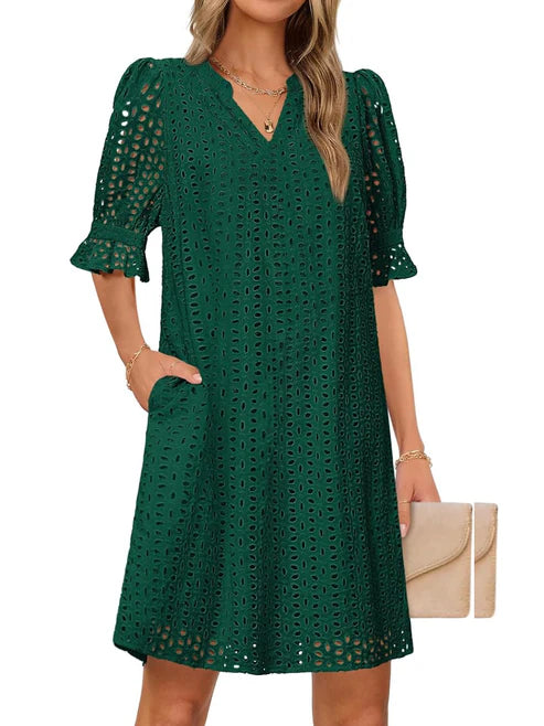 Flounce Sleeve Eyelet Tunic Solid Dress for Women