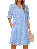 Flounce Sleeve Eyelet Tunic Solid Dress for Women