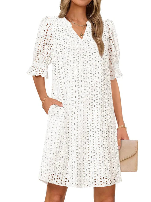 Flounce Sleeve Eyelet Tunic Solid Dress for Women