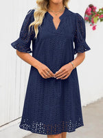 Flounce Sleeve Eyelet Tunic Solid Dress for Women