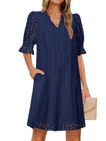 Flounce Sleeve Eyelet Tunic Solid Dress for Women